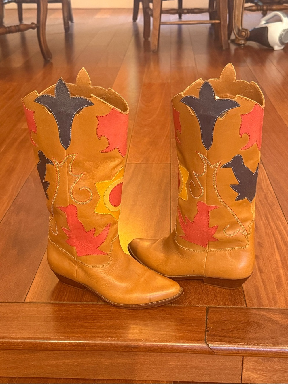 Tan Boots with Colorful Appliqué
